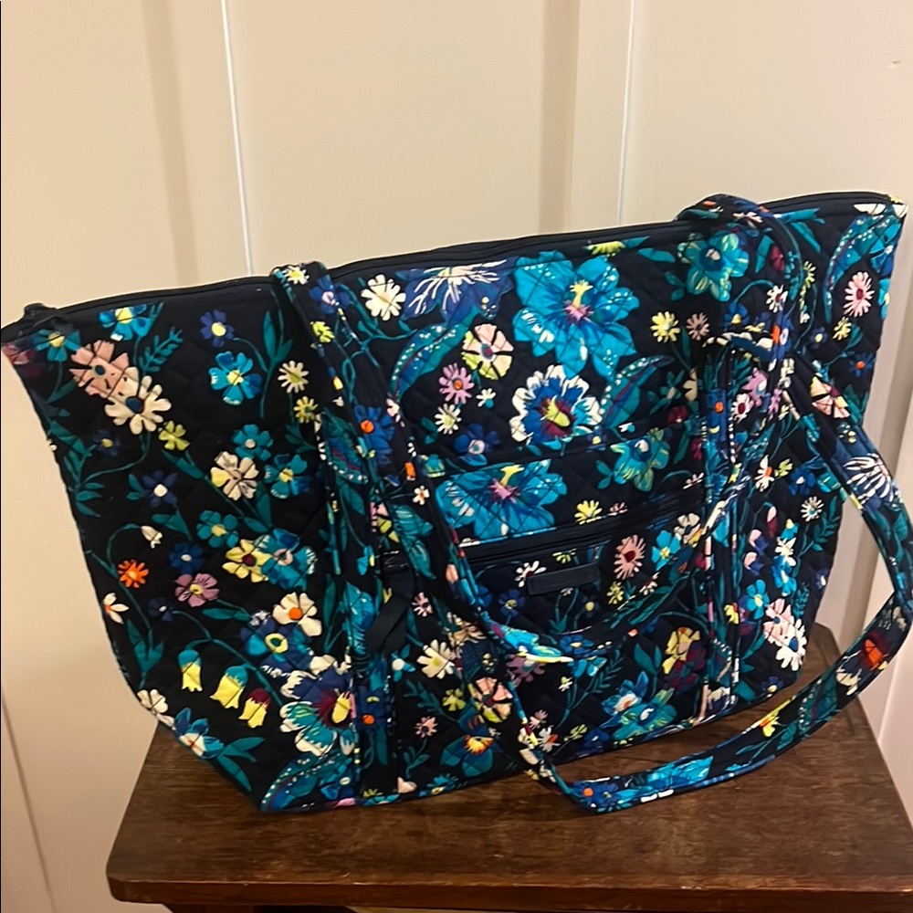 Vera Bradley Floral Quilted Tote in Navy Blue, Teal, Turquoise